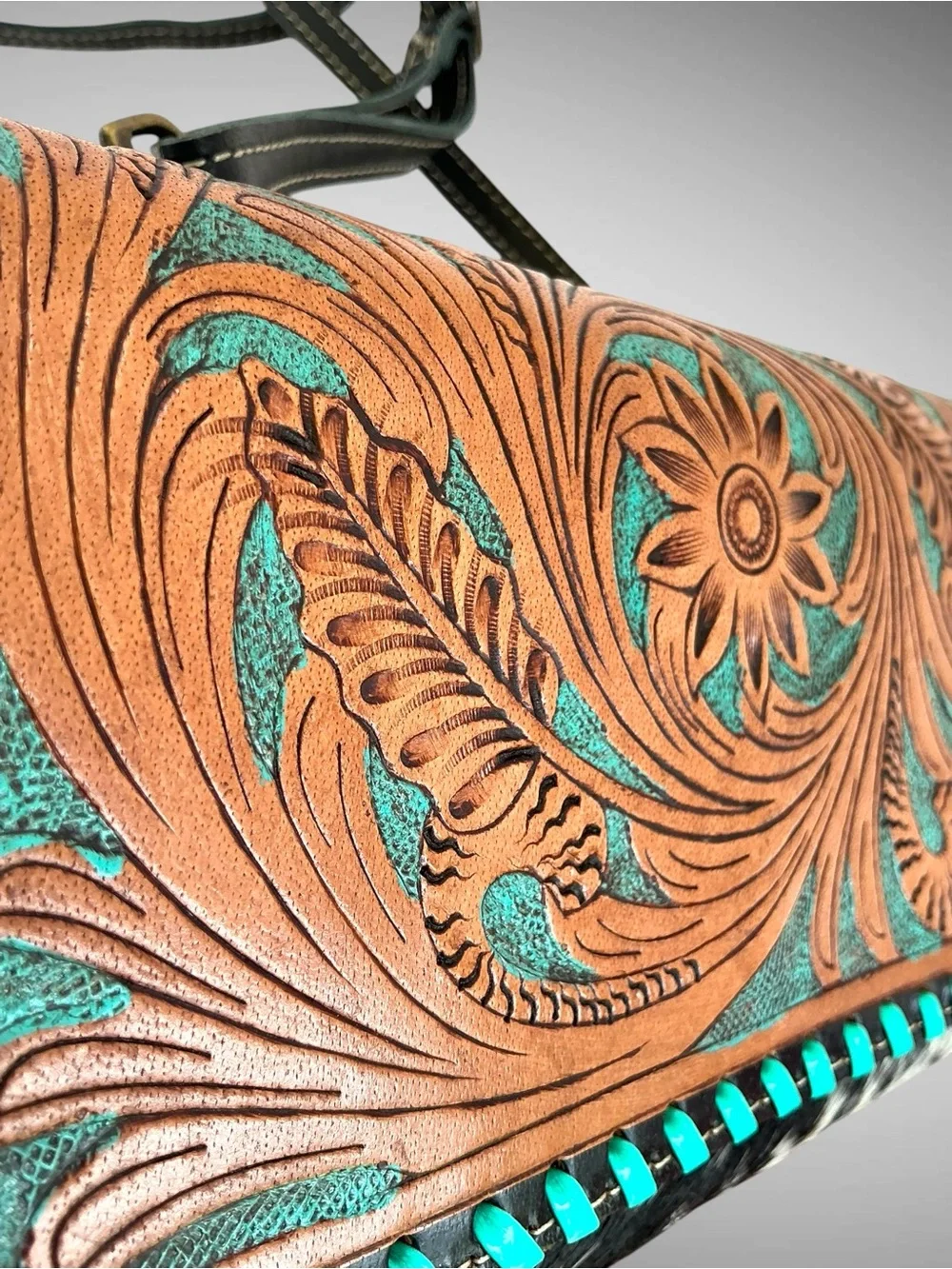 Western Hand Tooled Leather Cowhide Wallet Crossbody Turquoise